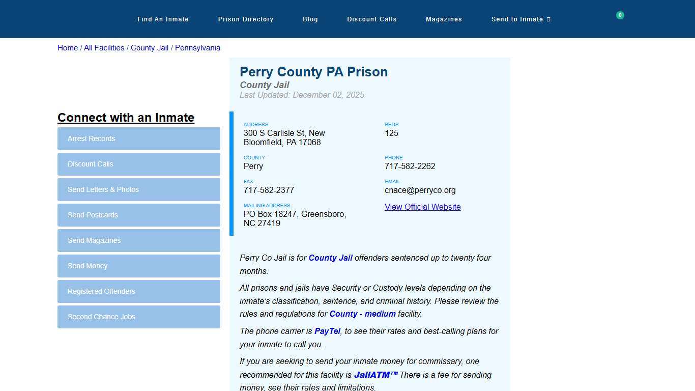 Perry County PA Prison Inmate Search, Visitation and Contact Information - InmateAid